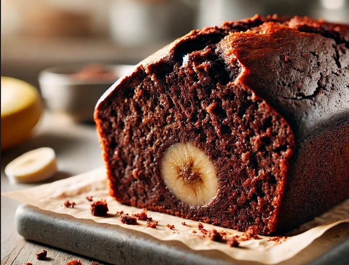 Una deliciosa tarta de plátanos y chocolate, con textura húmeda y trozos visibles de chocolate.