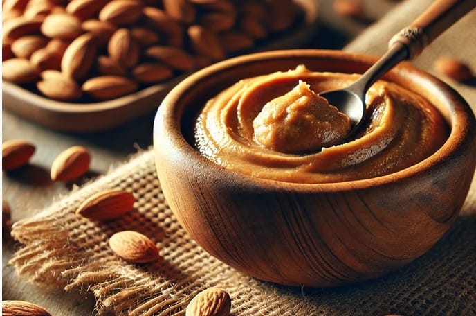 Crema de almendras casera en un cuenco de madera rústico, con cuchara y almendras enteras sobre tela de yute, en una cocina con luz natural.